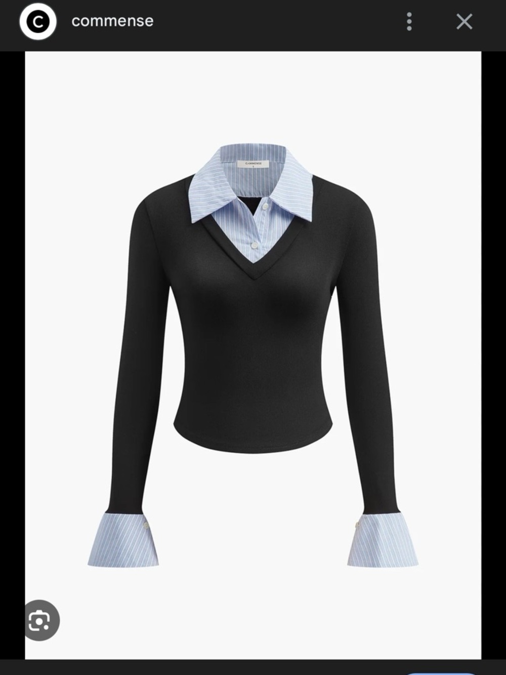 Commense Black V‑Neck Sweater with Light Blue Striped Shirt Collar
